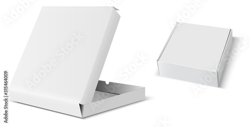 Pizza box mockup. Paper package template design. Restaurant product delivery container. Open and closed cardboard in 3d perspective, isolated. Realistic pizzeria snack square packaging