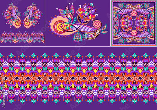 set of floral pattern in indian kalamkari oriental ethnic style, paisley design bandanna