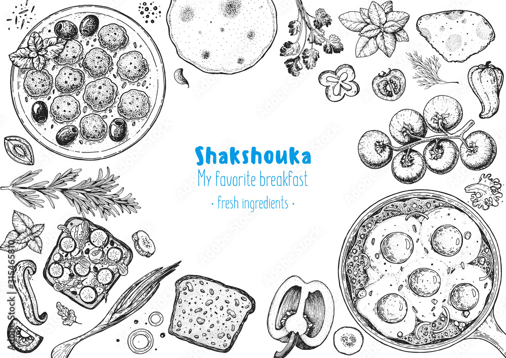 Shakshouka cooking and ingredients for shakshouka, sketch illustration