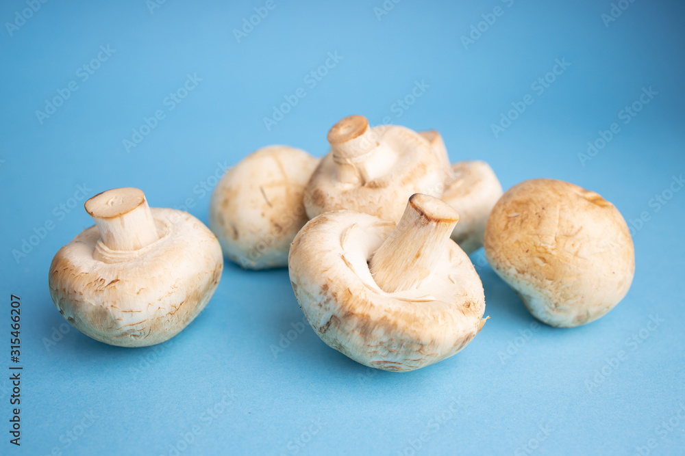 Bunch of fresh champignon mushrooms on the blue background. Close up of vegetarian healthy food. Bunch of fresh champignon mushrooms on the blue background. Close up of vegetarian healthy food.