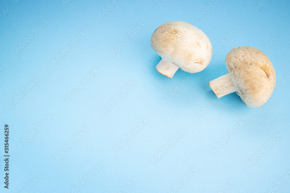 Bunch of fresh champignon mushrooms on the blue background. Close up of vegetarian healthy food. Bunch of fresh champignon mushrooms on the blue background. Close up of vegetarian healthy food.