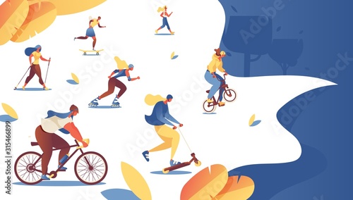 Women doing sport at summer park landing page template. Bmx bike, bicycle, roller skaters and skates riding characters in bright colors