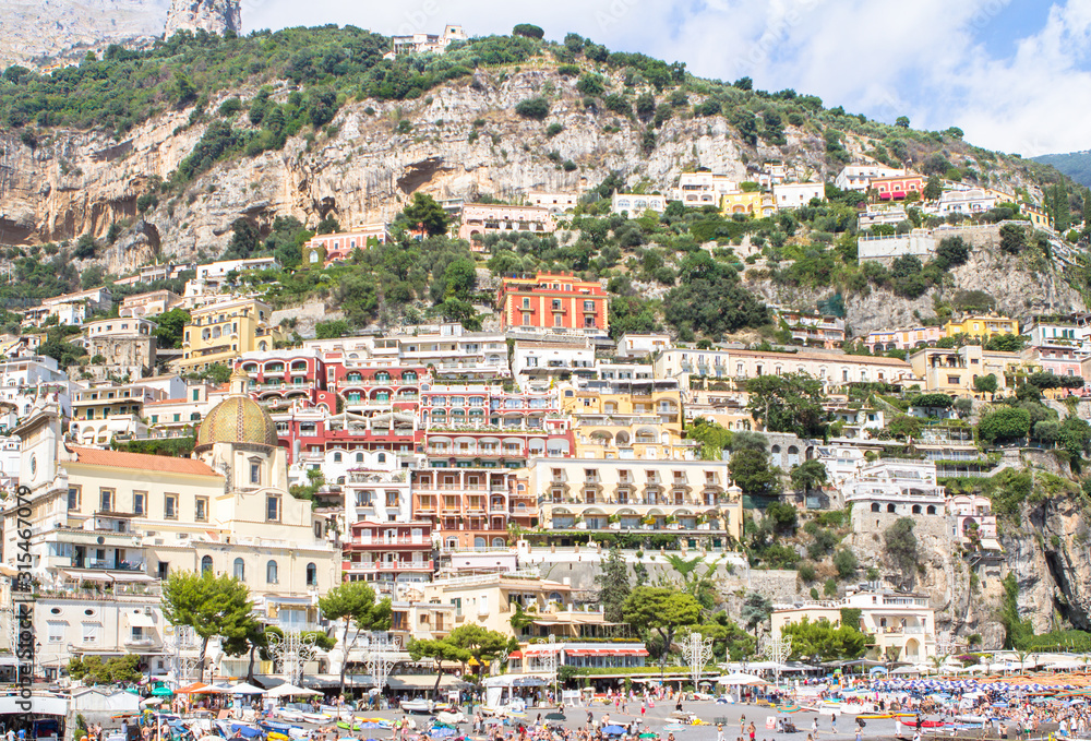 Colourful houses and church in Positano city, Italy