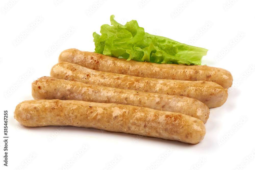 Grilled barbecue chicken sausages, isolated on white background Grilled barbecue chicken sausages, isolated on white background