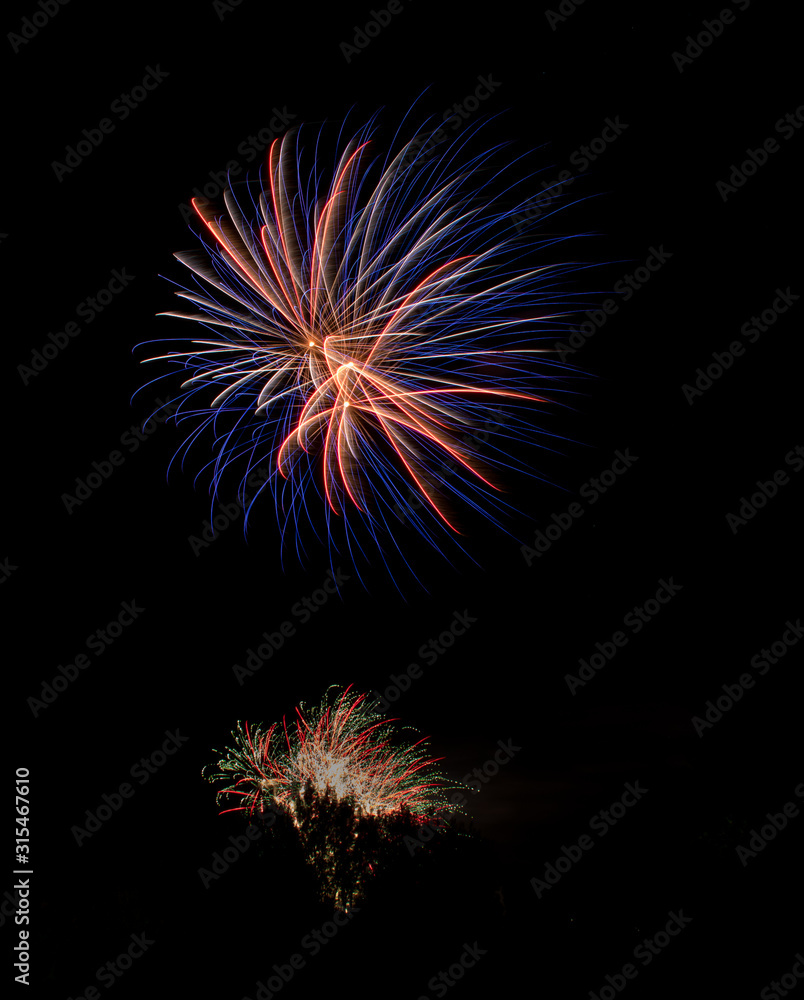 Several colorful fireworks exploding in the dark sky in the middle of the night. The explosions light the sky creating colorful figures, objects and drawings to be enjoyed by people who watch them