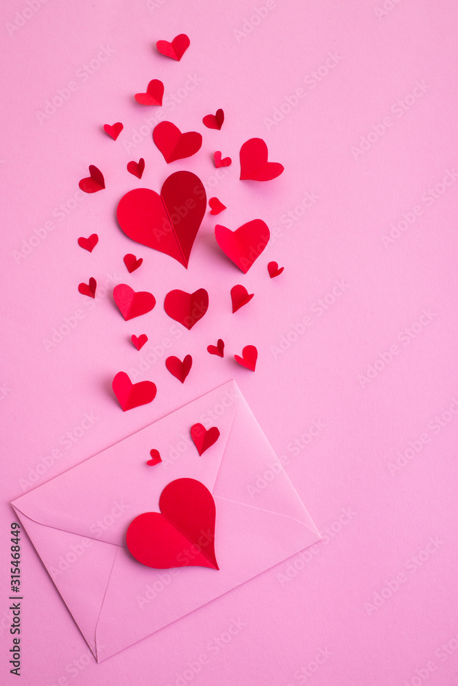 Valentine's day abstract background with paper cut decoration, flat layout
