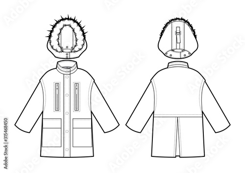 Vector illustration of women's parka. Front and back