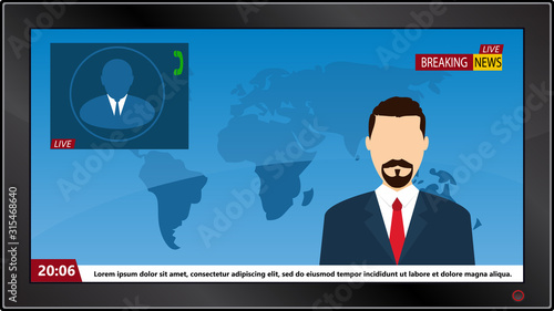 TV news studio with broadcaster and breaking world background vector illustration. Breaking news on tv, broadcasting journalist