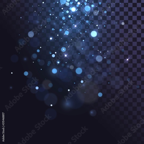 Falling blue sparks, dust glitter with blur effect on a transparent background