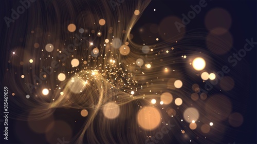 Black background with golden wave and gold blurred dust, abstract background with bokeh effect
