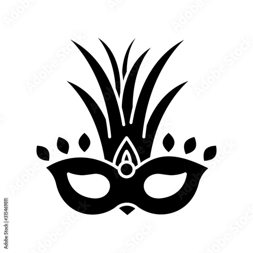 Masquerade mask black glyph icon. Traditional headwear with palm leaves. Ethnic festival. National holiday parade. Silhouette symbol on white space. Vector isolated illustration