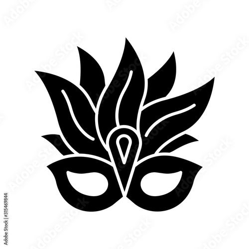 Masquerade mask black glyph icon. Traditional headwear with plumage. Brazil ethnic festival. National holiday parade. Silhouette symbol on white space. Vector isolated illustration