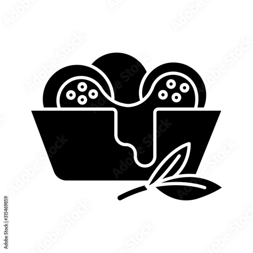Сheese bread black glyph icon. Arancini. Pão de queijo. Brazilian food. National cuisine. Bakery product, leaves. Brazil meal. Silhouette symbol on white space. Vector isolated illustration