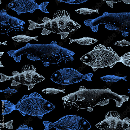 Fish seamless pattern. Hand drawn vector illustration. Seafood vector illustration. Food menu illustration. Hand drawn. Engraved style.