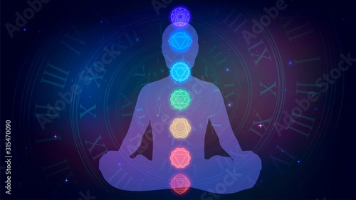 Silhouette of meditating human sitting in the lotus position and seven chakras