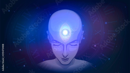 The head of a bald human with a glowing third eye, a clairvoyant monk, enlightenment and mind energy