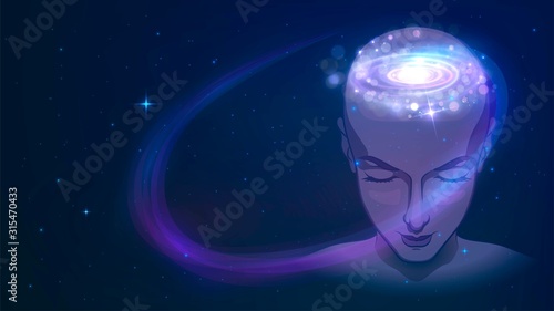 The head of a person with a glowing galaxy, imagination and dreams, the brain of a meditating person