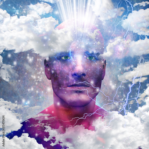 Mans head with stars and clouds