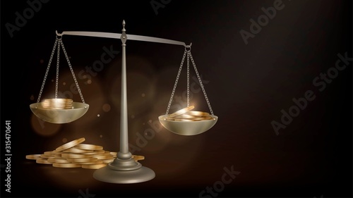 Vintage scales on a dark background with gold coins, weight and counting money
