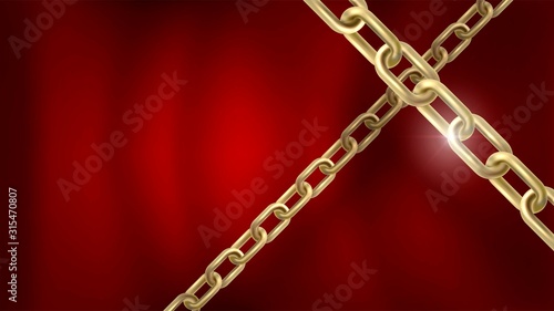 Crossed golden chain on a royal background of red wavy canvas
