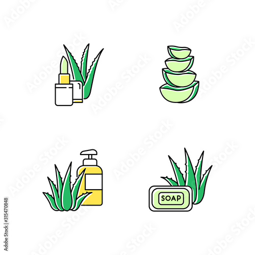 Aloe vera green color icons set. Bathing products with organic ingredients. Natural lip balm. Slices of cactus. Cut succulent. Lotion package. Cosmetic for skincare. Isolated vector illustrations