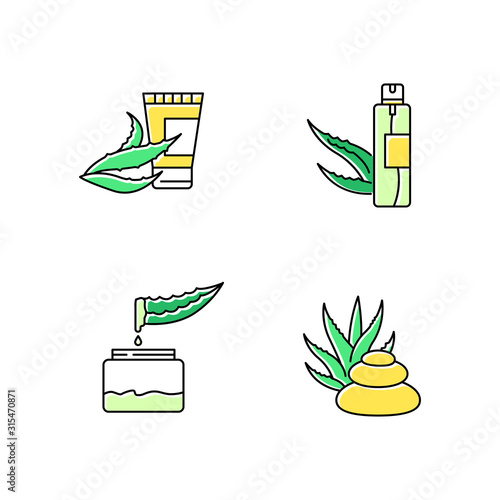 Aloe vera green color icons set. Plant based cream. Hair spray. Moisturizing juice from medicinal herbs. Spa treatment. Lotion and cream. Cosmetic products. Isolated vector illustrations