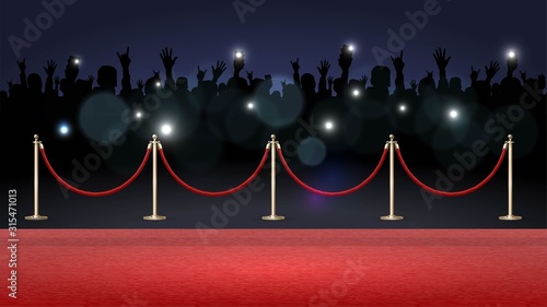 Red carpet and crowd of fans, paparazzi photographing a star on the red carpet