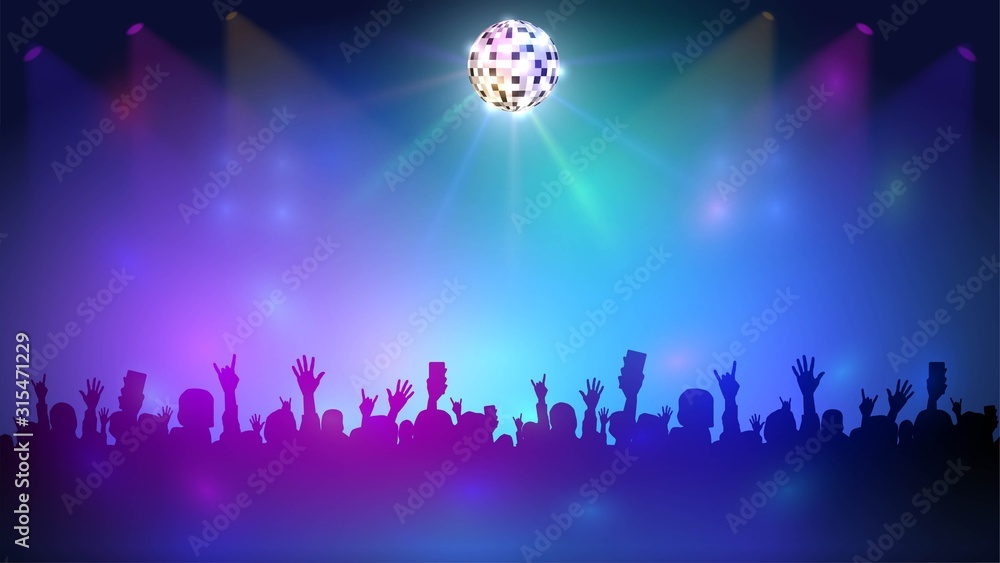 Night club with a crowd and disco ball, music event and dance