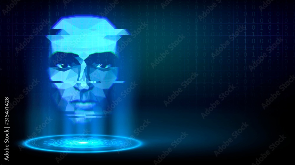 Blue luminous hologram with a human face on a dark background Blue luminous hologram with a human face on a dark background