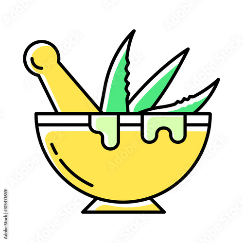 Mortar with pestle color icon. Graining leaves. Aloe vera sprouts in bowl. Plants for grinding. Medicinal herbs liquid. Homemaking process. Cosmetics and dermatology. Isolated vector illustration