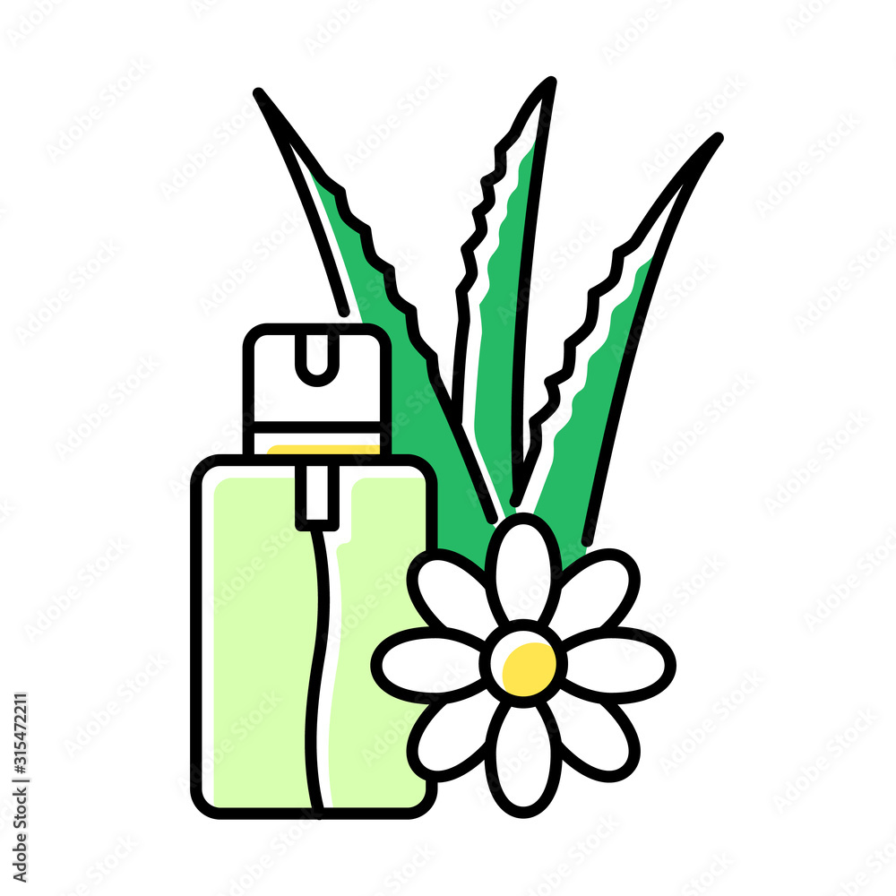 Aloe vera emergency spray green color icon. Vegan cosmetic in aerosol.  Natural floral essence. Plant based serum and oil. Medical liquid with  herbs in bottle. Isolated vector illustration Stock Vector | Adobe