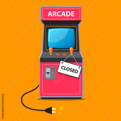 the arcade machine stopped working and a sign was closed on it. flat vector illustration.
