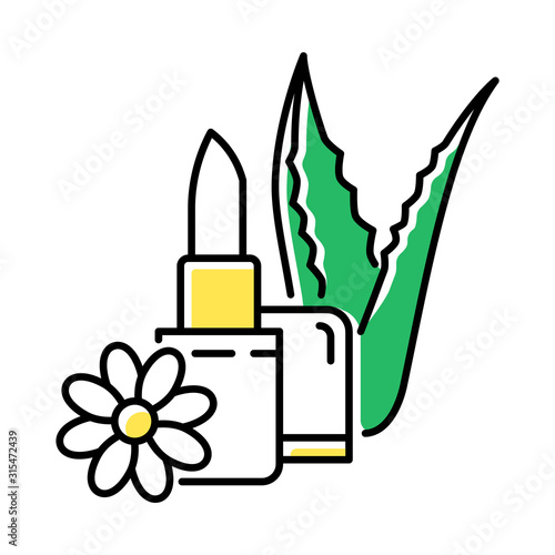 Vegan lipcare color icon. Organic lip balm. Natural lipstick with aloe vera. Cosmetic with herbs and flowers. Plant based product. Dermatology and skincare. Isolated vector illustration