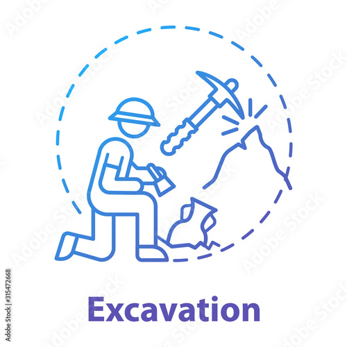 Excavation concept icon. Archaeological expedition. Historical research. Search for ancient artifacts. Cultural layer. Vector isolated outline RGB color drawing photo