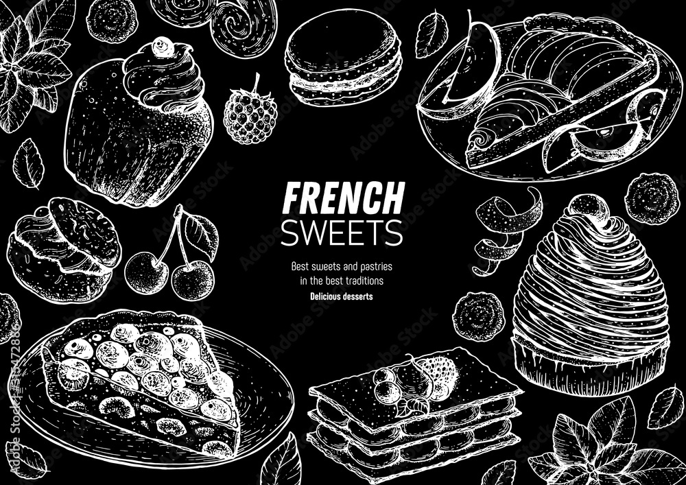 A set of french desserts with rum baba, clafoutis, Mont Blanc, Mille ...