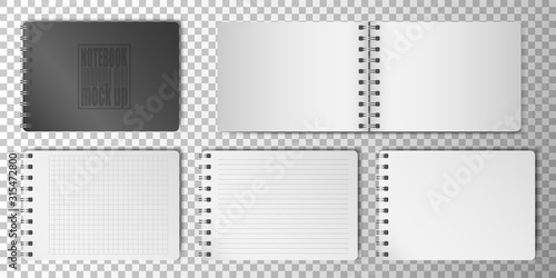 Realistic 3D notepad or notebook set with clean white empty papper page and black cover isolated on transparent background. Memo spiral note pad, lined and squared page templates. Vector illustration