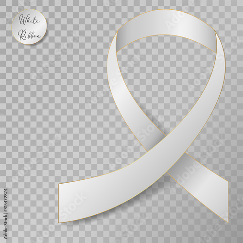 Realistic 3d white silk ribbon with golden border on transparent background. Lung cancer awareness. White satin ribbon mock up. Vector illustration