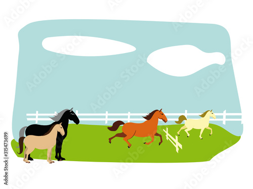 Equestrian, derby sport flat hand drawn color illustration. Stallion. Equestrianism. Racehorse hand drawn clipart. Horse racing competition.Professional jockeys, riders. Hippodrome, isolated