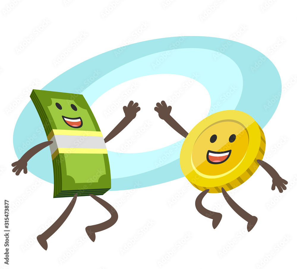 Naklejka premium Give me high-five! Money character and coin character giving high-five.