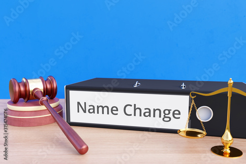 Name Change – Folder with labeling, gavel and libra – law, judgement, lawyer
