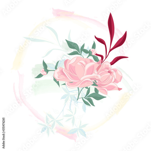 Bright flower with leaves  floral bouquet on an abstract background.