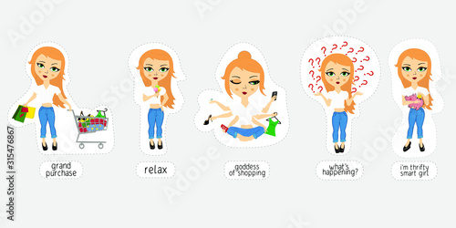 vector character young red-haired woman with different moods. Vector girl with purchases, with shopping trolley, girl with ice cream, girl in lotus position.