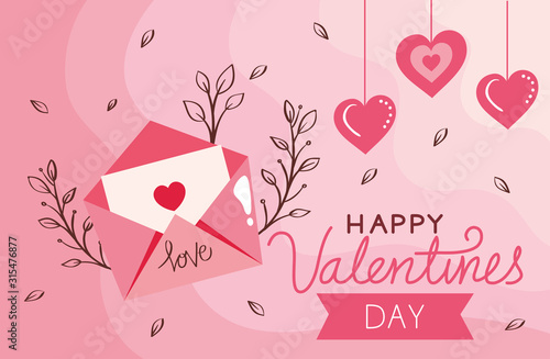 happy valentines day card with envelope and decoration vector illustration design