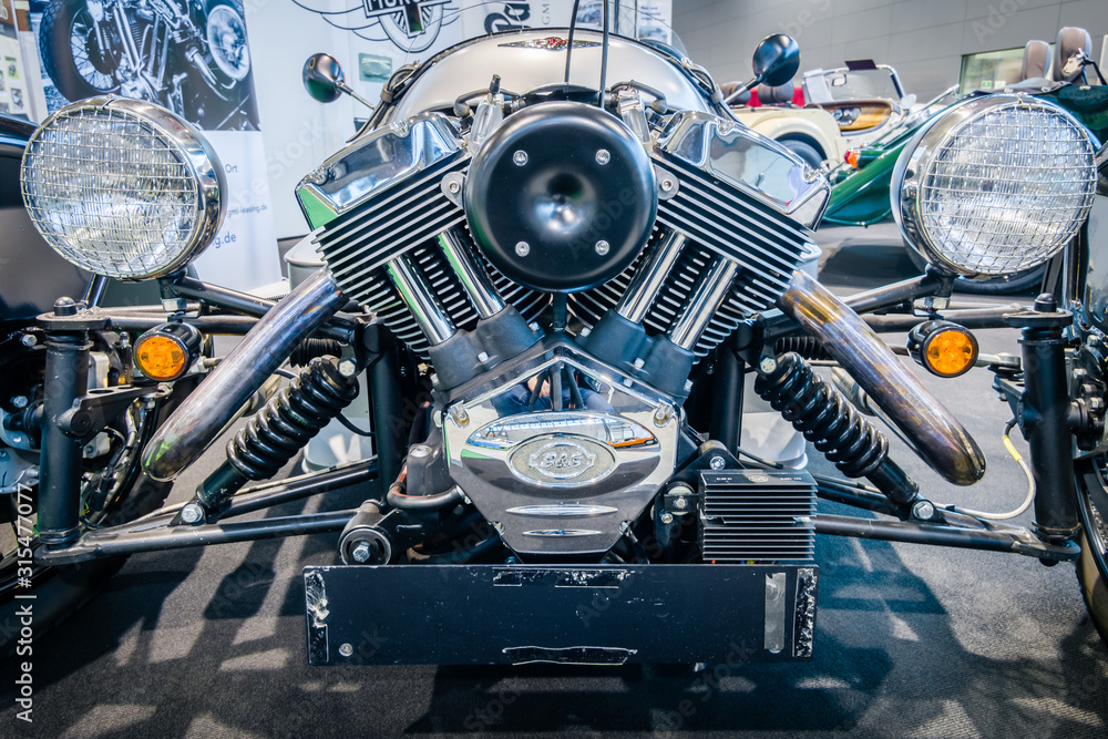 STUTTGART, GERMANY - MARCH 17, 2016: Engine S&S of three-wheeler car Morgan  M3W SUPERDRY, 2013. Close-up. Europe's greatest classic car exhibition  "RETRO CLASSICS" Stock Photo | Adobe Stock