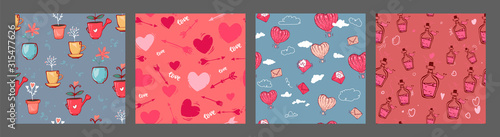 Set of vector seamless patterns with hand drawn hearts air balloons, bottleб love, flowers. Abstract background. Design concept for valentine day, fabric design, textile print, wrapping paper