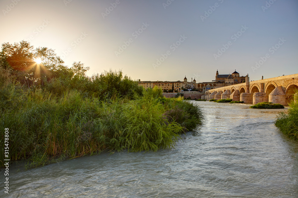 The Roman Bridge over the Guadalquivir river and the Mosque Cathedral of Córdoba, Andalusia, Spain