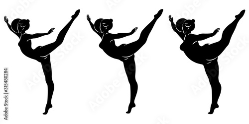 Collection. Silhouette of a cute lady, she is engaged in rhythmic gymnastics with a ball. The woman is overweight and a slender girl athlete. Vector illustration set