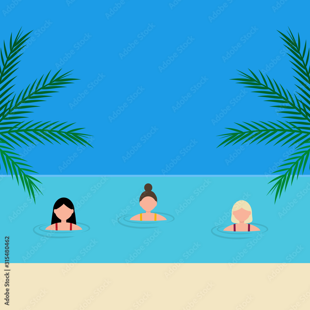 Young women girlfriends swim in the sea on the azure coast. Cartoon vector illustration, flat design