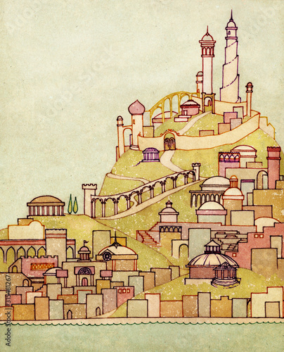 Seaside City Retro Illustration, simple ink drawing of a whimsical, magical city on a hill by the sea, soft pastel warm colors, storybook illustration