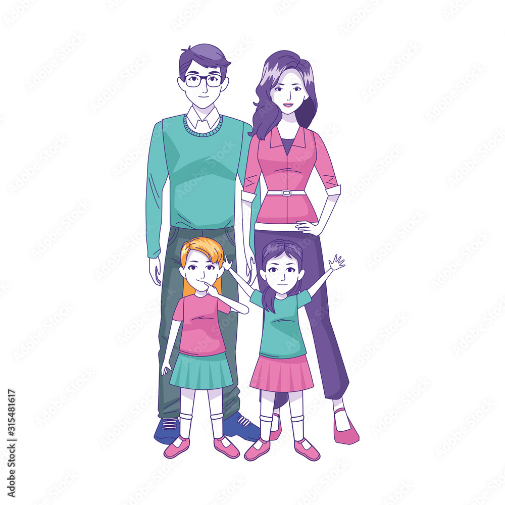 Happy family with little girls standing icon Happy family with little girls standing icon